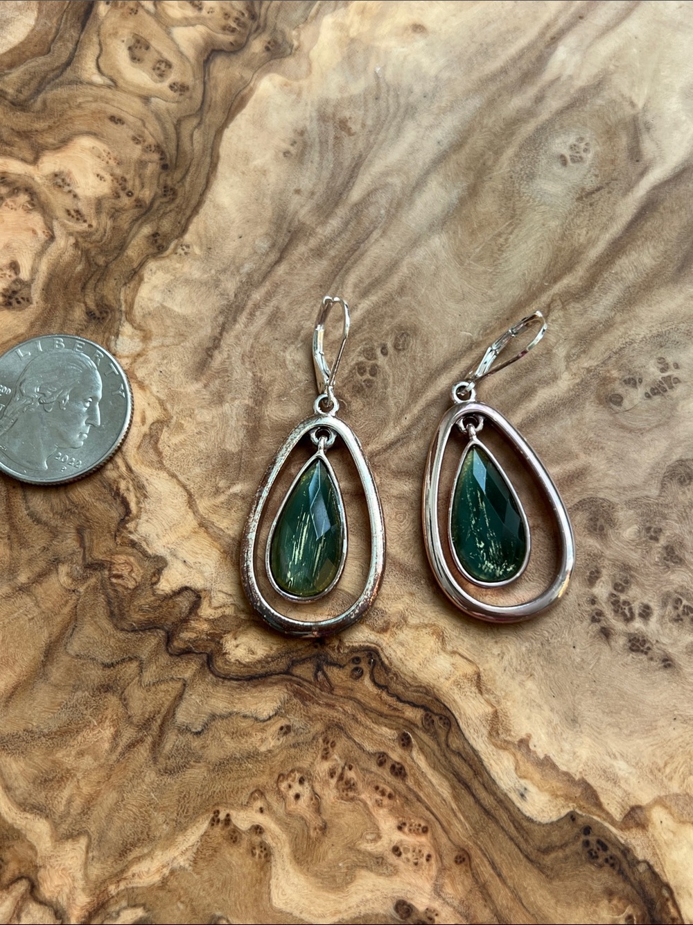 Teardrop Earrings with Green Gem Accents